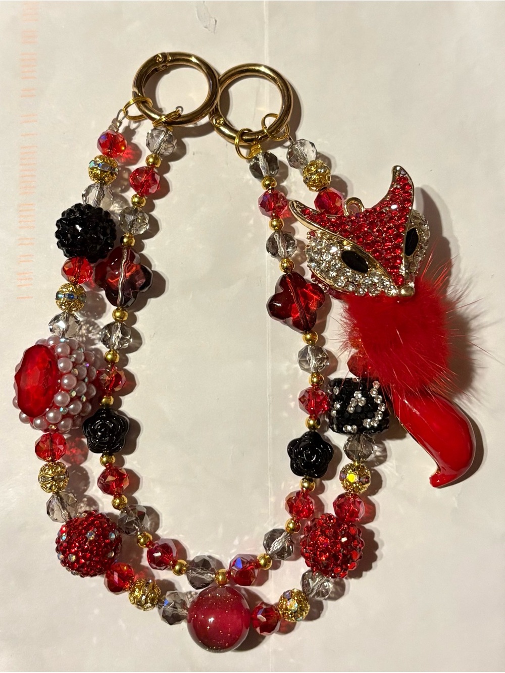 Bling Red Crystal Fox Charm Beaded Phone/Key/Purse Accessory